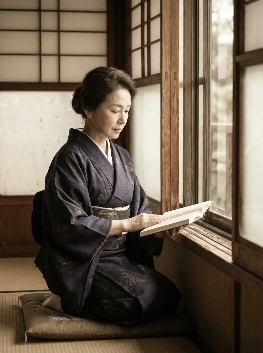 一位优雅的五十岁 日本伦理 身穿深蓝色和服，在窗边静读